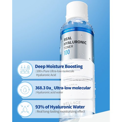 WELLAGE Real Hyaluronic Toner 100 - Korean Toner with 93% Hyaluronic Acid Water - Hydrating Toner - Deep, Quick Absorption - Hypoallergenic, Skin Irritation-Free, 6.76 fl.oz.