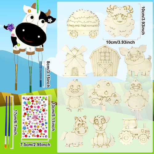 12 Pack Farm Animals Coloring Activities,Barnyard Tractor Party Favors Farmhouse Craft Wind Chime Kit Wooden Paint Arts DIY Coloring Craft for Fiesta Rodeo Cow Party Art Activity Supplies