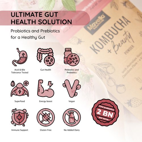 Mavella Kombucha Powder – Berry Flavor 100g Beauty & Hair Powder Black and Green Tea - Probiotic Prebiotic Apple Cider Vinegar Ginger Vitamin C Kombucha Drink – 25 Servings