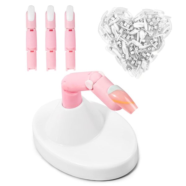 Lionvison Nail Practice Fingers for Acrylic Nails, 3PCS Fake Fingers to Practice Fake Nails, Manicure Practice Nail Hands Training Kit with Base and 100PCS White Nail Tips for Nail Supplies, Pink
