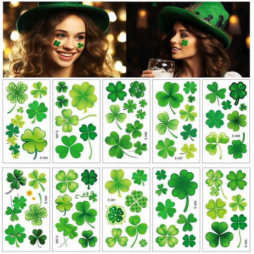 10 Sheets St. Patrick's Day Temporary Tattoos Green Shamrock Tattoo Stickers Irish Fake Tattoos for St Patricks Day Party Supplies