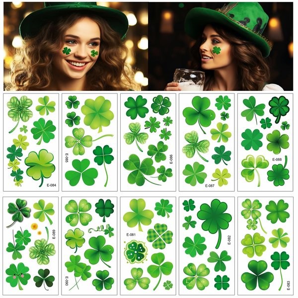 10 Sheets St. Patrick's Day Temporary Tattoos Green Shamrock Tattoo Stickers Irish Fake Tattoos for St Patricks Day Party Supplies