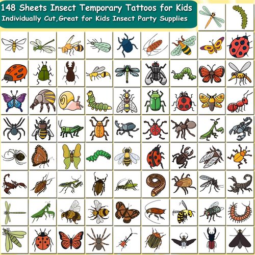 CHARLENT 148 Individually Sheets Bug Temporary Tattoos for Kids - Insect Tattoos for Kids Birthday Party Supplies Goodie Bag Fillers