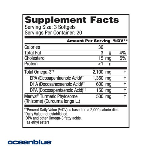Oceanblue Professional Omega-3 2100 with Turmeric - 60 Count - Triple Strength Burpless Fish Oil for Heart Health, Joint Support Supplement - 20 Servings