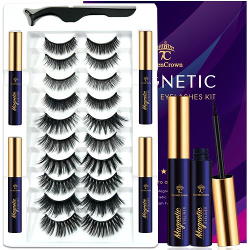 7C SevenCrown 3D Magnetic Eyelashes Natural Look- Mix 10 Pairs Magnetic Lashes with Eyeliner,Upgraded Long Lasting,Reusable 5 Magnet False Eyelashes with Applicator Tool Easy to Apply.Cruelty-Free