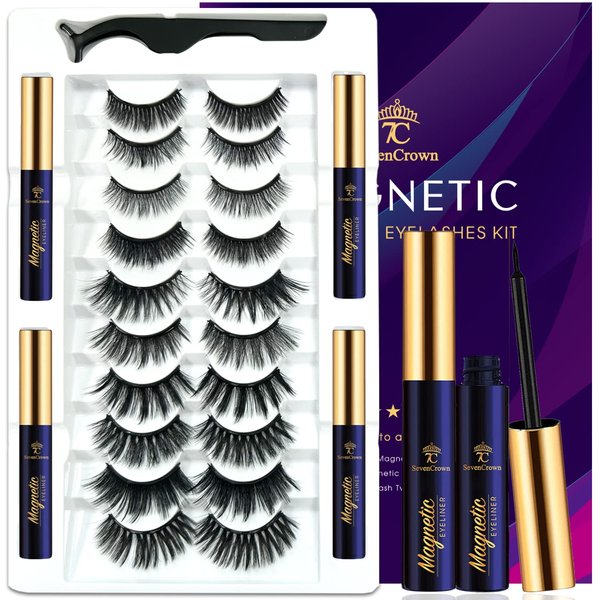 7C SevenCrown 3D Magnetic Eyelashes Natural Look- Mix 10 Pairs Magnetic Lashes with Eyeliner,Upgraded Long Lasting,Reusable 5 Magnet False Eyelashes with Applicator Tool Easy to Apply.Cruelty-Free