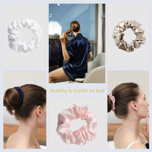 ZIMASILK 100% Mulberry Silk Hair Scrunchies Best for Women and Girls’Hair 19 Momme Silk Elastic Hair Bands for Ponytail Holder Gentle and No hurt (3 Pack, Taupe, Pink, White)
