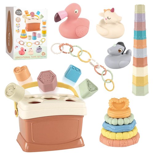 Cosaway 32Packs Baby Toys Set Montessori Toys for Babies 6-12 Months Food-Grade Sensory Toys Infant Stacking Circles Teether Blocks Stacking Cups Learning Toys for Baby Gifts 1 2 3 Years Old (618-122)