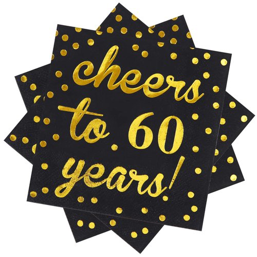Elcoho 60 Pack Cocktail Napkins 60th Birthday Decorations Luncheon Napkins for Birthday, Anniversary Party Supplies, Cheers to 60 Years Design, 2 Layers, 5 by 5 Inches