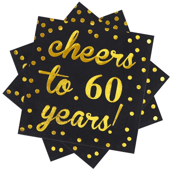Elcoho 60 Pack Cocktail Napkins 60th Birthday Decorations Luncheon Napkins for Birthday, Anniversary Party Supplies, Cheers to 60 Years Design, 2 Layers, 5 by 5 Inches