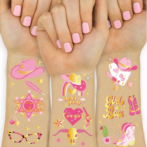 Temporary Tattoos for Kids, Birthday Party Supplies, Fake Tattoos Stickers for Boy and Girls, Decorations Party Game Activities Reward Gifts ﻿ (Cowgirl(Bronzing))