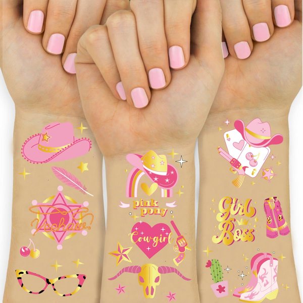Temporary Tattoos for Kids, Birthday Party Supplies, Fake Tattoos Stickers for Boy and Girls, Decorations Party Game Activities Reward Gifts ﻿ (Cowgirl(Bronzing))