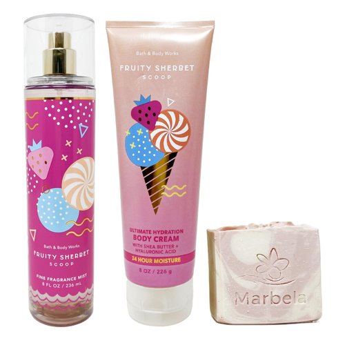 Bath & Body Works Fruity Sherbet Scoop - Duo Gift Set - Fine Fragrance Mist and Body Cream With a Himalayan Salts Springs Bar Soap.