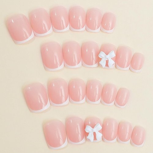Pink Press on Nails Short Square Fake Nails White French Tip Full Cover Glue on Nails Solid Color Glossy Nude Pink Designs Cute False Nails Stick on Nails for Women Girls Acrylic Manicure Salon 24Pcs