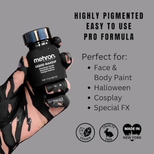 Mehron Makeup Liquid Makeup | Face Paint and Body Paint Perfect for Halloween, Cosplay I Air Brush Compatible Body Paint (1 oz) (BLACK)