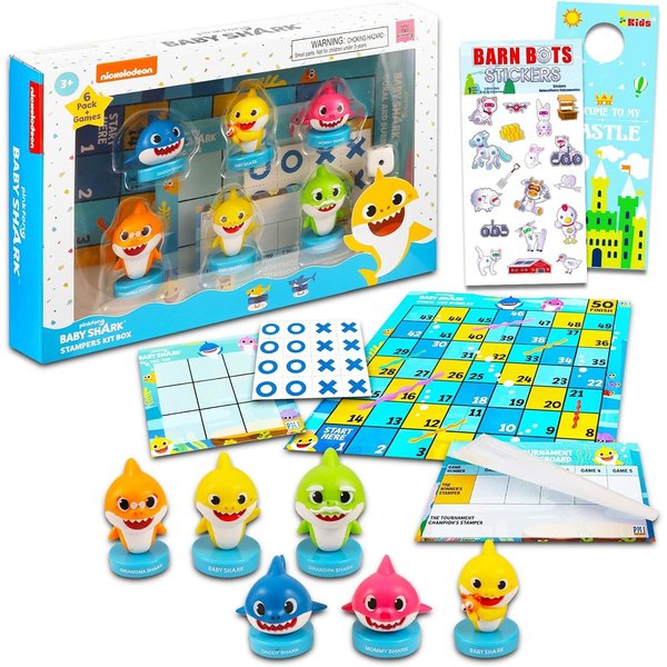 Baby Shark Stampers Set - Bundle with 6 Pc Baby Shark Stampers Kit Box Plus Stickers, Door Hanger | Baby Shark Art Kit, Baby Shark Arts and Crafts for Kids
