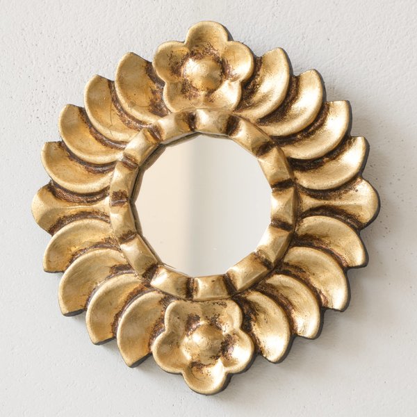 Handmade Small Gold Round mirror on the wall living room | Peruvian Hand-carved wood hanging mirror home decor | Gold leaf mirror wall art (Gold)