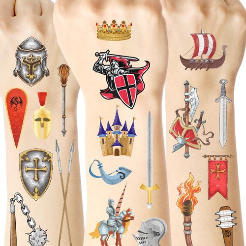 Medieval Knight Castle Temporary Tattoos,20 Sheets 220 Pieces Medieval Themed Tattoos Stickers Pa...