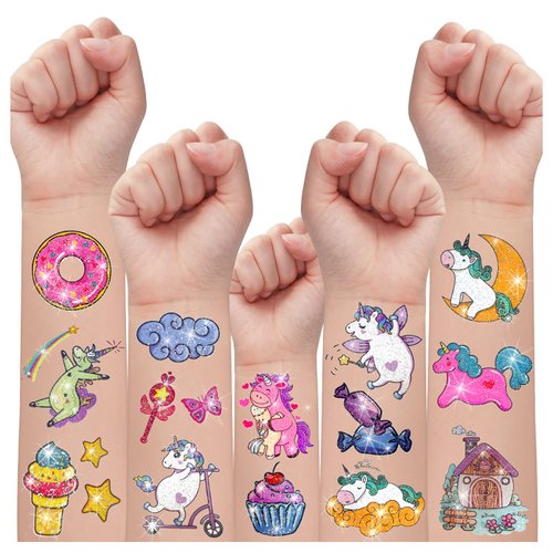 Partywind Glitter Party Supplies for Girls, 90 Styles Temporary Tattoos for Kids Birthday Party Decorations Favors, Surprise for Boys and Girls (10 Sheets)