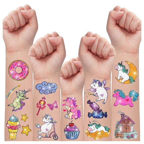 Partywind Glitter Party Supplies for Girls, 90 Styles Temporary Tattoos for Kids Birthday Party Decorations Favors, Surprise for Boys and Girls (10 Sheets)