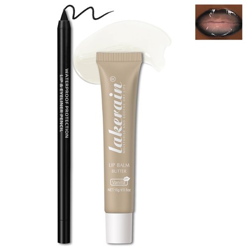 HOSAILY Lip Butter Balm with Black Lip Liner Set Lip Combo, Moisturizing High Shine Fresh Clear Vanilla Lip Glow Oil Non-Sticky Lightweight Lip Gloss Lipliner Halloween Daily Makeup
