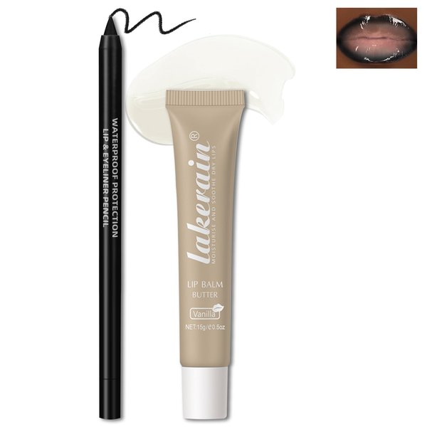 HOSAILY Lip Butter Balm with Black Lip Liner Set Lip Combo, Moisturizing High Shine Fresh Clear Vanilla Lip Glow Oil Non-Sticky Lightweight Lip Gloss Lipliner Halloween Daily Makeup