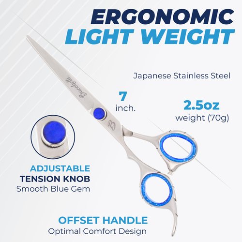 Bucchelli 7 Inch Left Handed Shears for Hair Cutting - Japanese 440A Inch Barber Scissors - Convex Blades with Adjustable Tension Knob - Hair Shears Professional (Silver Left 7")