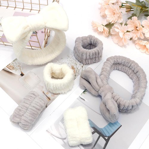 AOPRIE SPA Headbands for Washing Face Makeup Headbands with Bow Hair Band Women Facial Head Band Wrist Towel Wraps For Shower Face Mask White Gray, 6 Pack