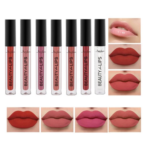 MARIA AYORA 7pcs Lip Gloss Set Matte Velvet Finish, Long-lasting Liquid Lipstick with Lip Plumper, Waterproof, Non-sticky, Halloween Lip Makeup, Vegan & Cruelty Free, Parabens Free, Set 02
