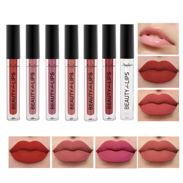 MARIA AYORA 7pcs Lip Gloss Set Matte Velvet Finish, Long-lasting Liquid Lipstick with Lip Plumper, Waterproof, Non-sticky, Halloween Lip Makeup, Vegan & Cruelty Free, Parabens Free, Set 02