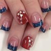 Blue French Tips Press on Nails Short Square Independence Day Fake Nails American Flag False Nails 4th of July Star Sequin Glitter Acrylic Nails Patriotic Full Cover Stick on Nails for Women 24Pcs