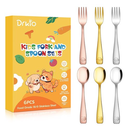 DRKIO Stainless Steel Toddler Utensils Set - 6 Pieces Kids Silverware Set Children Safe Food Grade Small Forks and Spoons Dishwasher Safe Mirror Polished