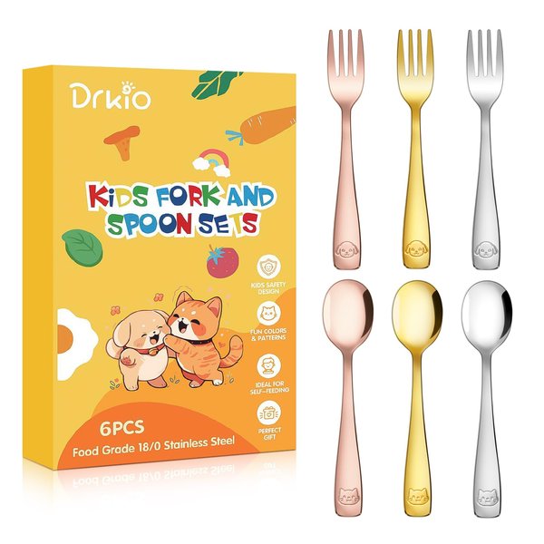 DRKIO Stainless Steel Toddler Utensils Set - 6 Pieces Kids Silverware Set Children Safe Food Grade Small Forks and Spoons Dishwasher Safe Mirror Polished