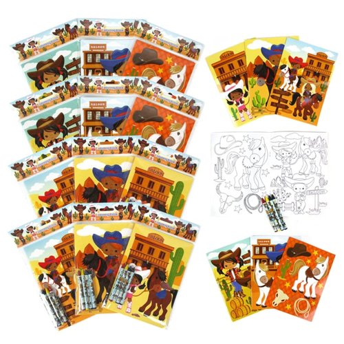 TINYMILLS Western Black Cowboys and Cowgirls Coloring Books for Kids with 12 Coloring Books and 48 Crayons Western Party Favors, Goody Bag Filler