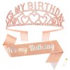 BAHABY It's My Birthday Sash & Rhinestone Birthday Tiara Set Birthday Sash and Crowns for Women Happy Birthday Decorationss- Rose Gold