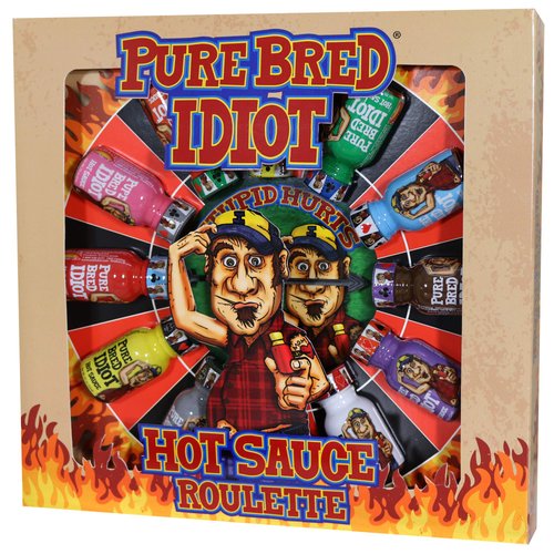 Pure Bred Idiot - Hot Sauce Roulette Game - 12-0.75 Ounce Bottles Hot Sauce Gift Set - Perfect Premium Gourmet Gag Gifts for Men - Spicy Challenge Hot Sauce Sampler