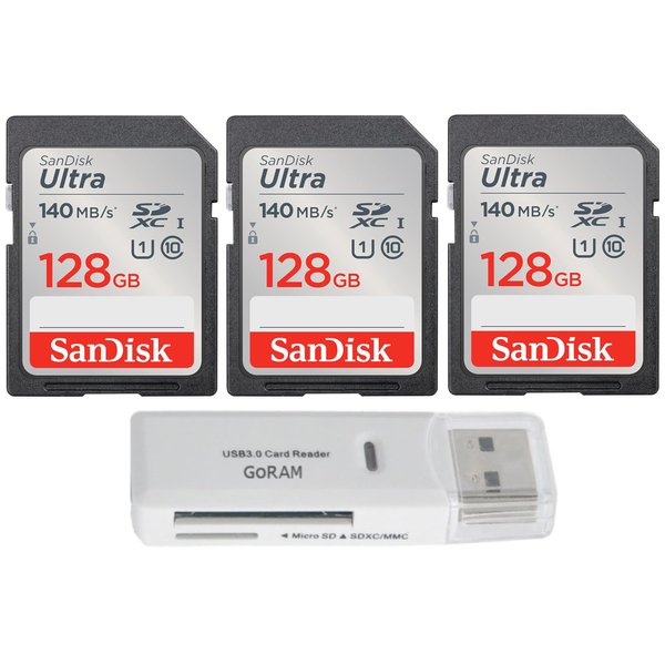 SanDisk 128GB (3 Pack) Ultra SDXC UHS-I Class 10 Memory Card 140MB/s U1, Full HD, SD Camera Card SDSDUNB-128G (3 Pack) Bundle with (1) GoRAM USB 3.0 Card Reader (128GB)