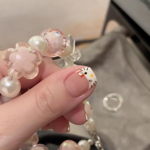 IMSOHOT Short Press on Nails Square Fake Nails White French Tips False Nails with Kitten Print Designs Cute Glossy Glue on Nails 24Pcs Rhinestone Star Stick on Nude Nails for Women and Girls