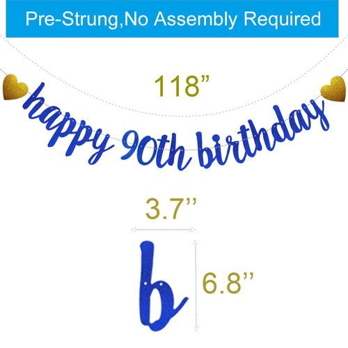 SUNbetterland Blue glitter Happy 90th Birthday Banner, Pre-Strung,Man's 90th Birthday Party Decorations Supplies, Happy 90th Birthday