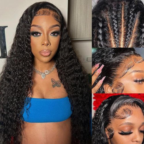 Deep Wave Lace Front Wigs Human Hair 13x6 HD Transparent Lace Frontal Curly Wigs for Women Glueless Curly Wigs Pre Plucked with Baby Hair 180% Density Brazilian Virgin Hair Natural Black 20 Inch