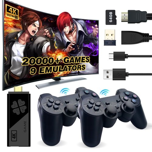 Upgraded Model Wireless Retro Game Stick, Retro Video Game Console, 9 emulators, (64G), with Over 20000 Built-in Electronic Games, 4K HDMI Output, Dual 2.4G Wireless Control Plug and Play Retro Game