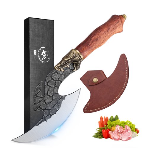 ROCOCO Viking Cleaver Knife Butcher Meat Cutting Boning Knife Hand Forged Chinese Kitchen Axe with Sheath Home Outdoor BBQ Camping Birthday Father Mother Christmas Gift Men