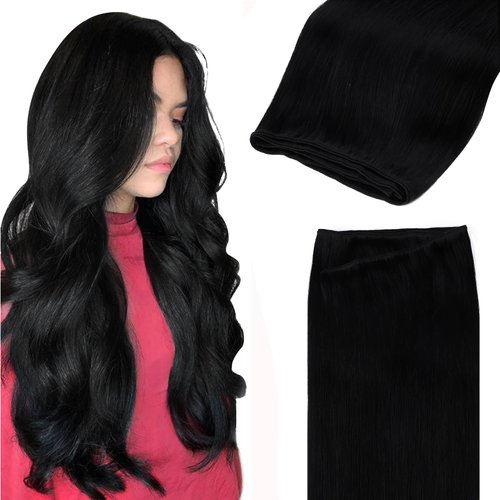 GOO GOO Sew in Hair Extensions Real Human Hair, Weft Hair Extensions Human Hair, 1 Jet black 20 Inch-105g, Weft Bundles Straight Silky Remy Hair