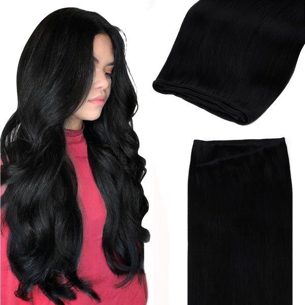 GOO GOO Sew in Hair Extensions Real Human Hair, Weft Hair Extensions Human Hair, 1 Jet black 20 Inch-105g, Weft Bundles Straight Silky Remy Hair