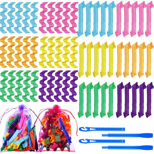 Yilloog 60-Piece Spiral Curlers Styling Kit - 2 Styles No-Heat Silicone Wave Curlers with Hooks and Bags for Long, Medium, and Short Hair (7.8 Inch)
