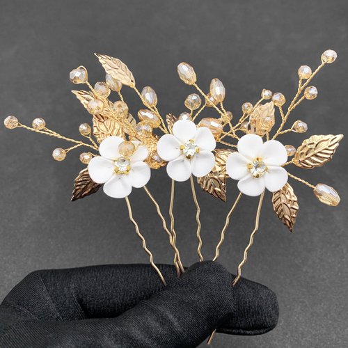 PRETTYLIFE White Flower Hair Pins Bridal Wedding Sparkly Rhinestones Leaf Floral Hair Pieces Accessories for Women Girls(Pack of 3) (B Gold)