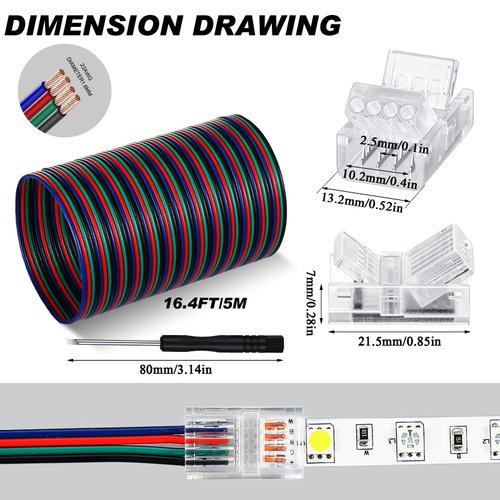 10 Packs 4 Pin LED Strip Light Connectors 10 mm, Solderless Led Strip Connector, Track Lighting Connectors for Waterproof RGB LED Strip Lights 16.4 Feet Conductor Extension Cable with Screwdriver