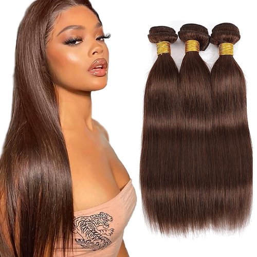 Raivide Hair Brown Bundles Color 4 Straight Human Hair Bundles Brazilian Virgin Hair 16 18 20 Inch Dark Brown Straight Bundles Human Hair Color #4 Bundles Hair Weave