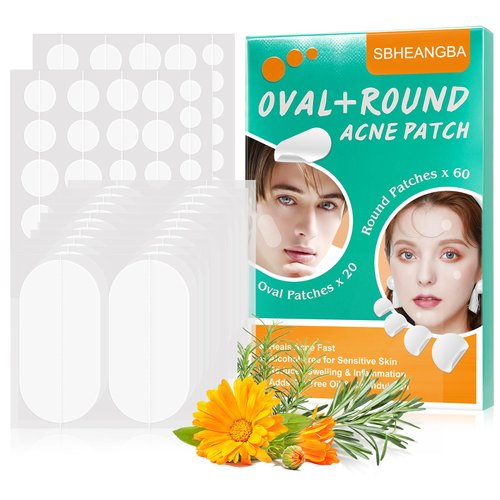 Acne Patches for Face (80 Count) , Round+Oval Five Sizes Pimple Patches Hydrocolloid Zit Patches For Face, Absorbing Hydrocolloid Spot Treatment Fast Healing, Blemish Cover, Hydrocolloid Acne Patch