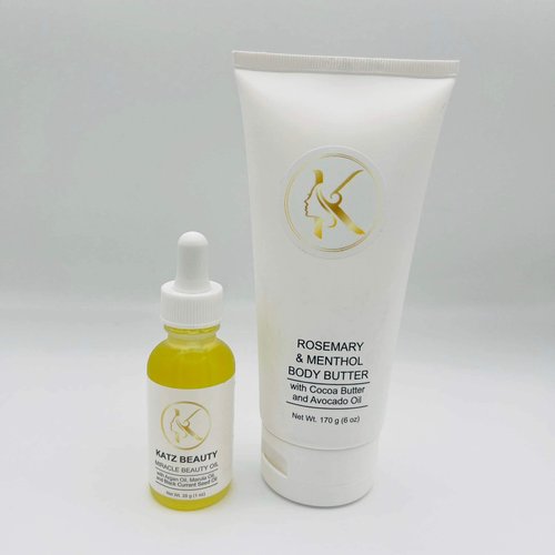 Katz Beauty Rosemary & Menthol Body Butter with Shea Butter and Avocado Oil 6 oz with Miracle Beauty Oil 1 oz and Cosmetic Bag